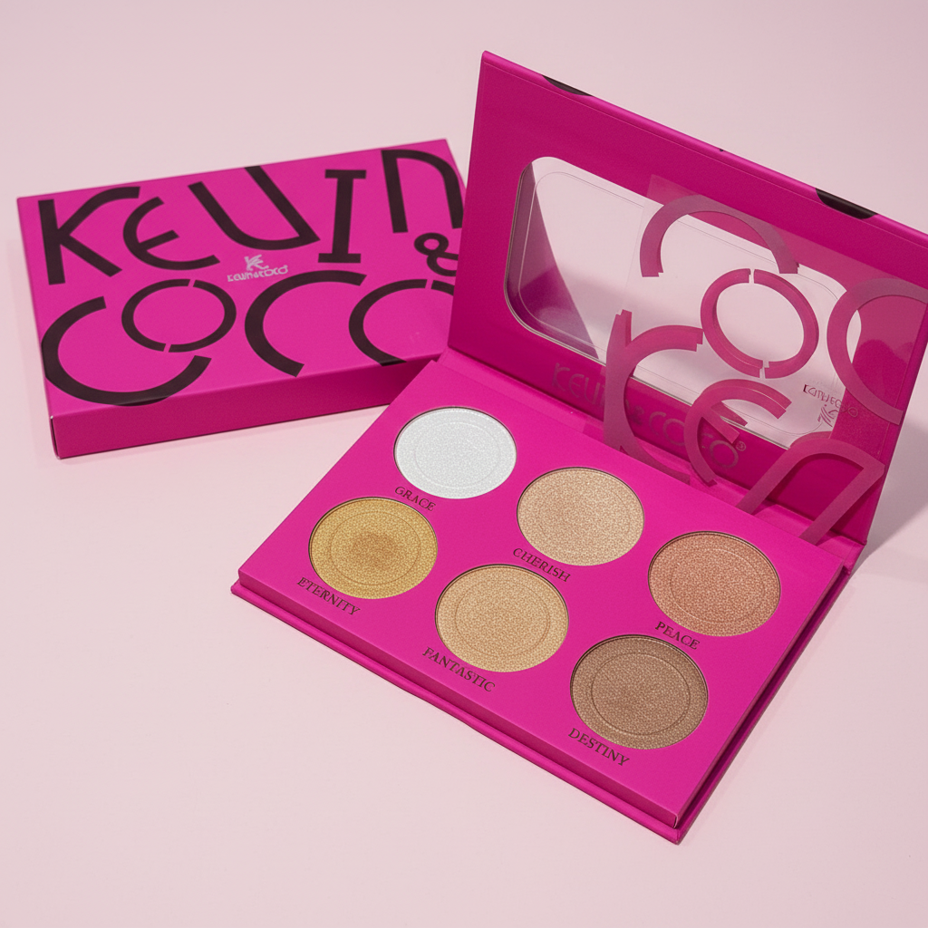 Paleta Iluminadores Kevin & Coco - 6 Highlighters fondo rosa